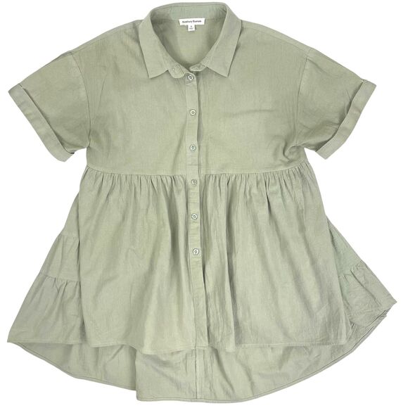 Newbury Kustom Sage Green Babydoll Lagenlook SS Button Top Tiered Ruffle Flowy S - Picture 1 of 8